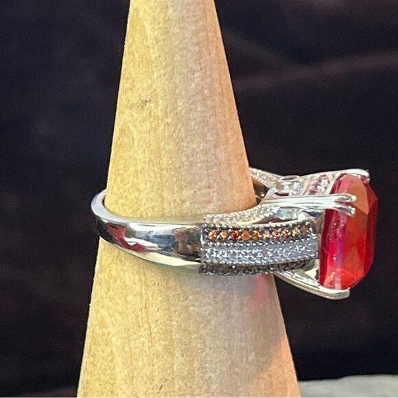 Stunning Volcanic Quartz, Lotus Garnet, White & Chocolate Zircon Platinum Ring 8 - Picture 11 of 16